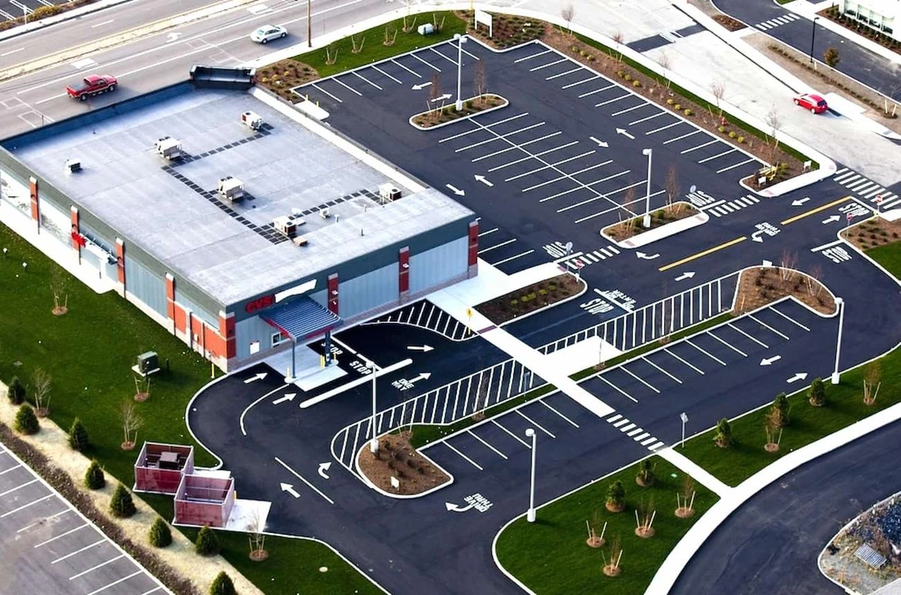 Freshly paved commercial parking lot